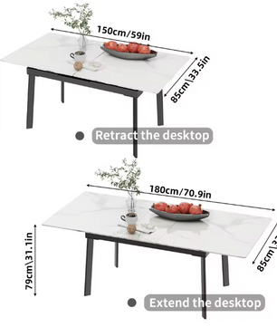 Uitschuifbare Eettafel 150–180 cm – Gesinterde Steen & Metaal