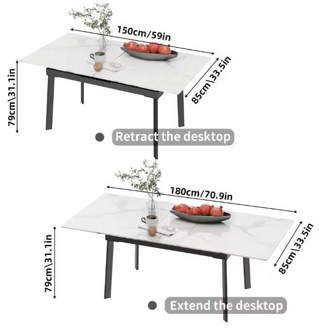 Uitschuifbare Eettafel 150–180 cm – Gesinterde Steen & Metaal