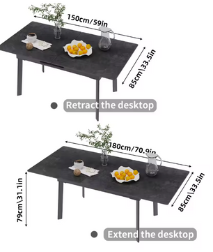 Uitschuifbare Eettafel 150–180 cm – Gesinterde Steen & Metaal
