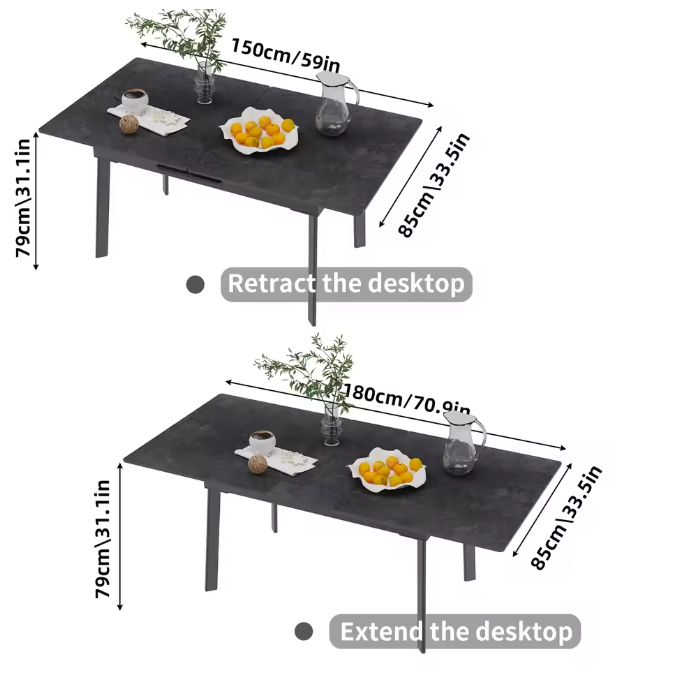 Uitschuifbare Eettafel 150–180 cm – Gesinterde Steen & Metaal