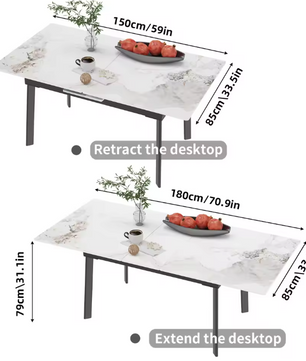 Uitschuifbare Eettafel 150–180 cm – Gesinterde Steen & Metaal