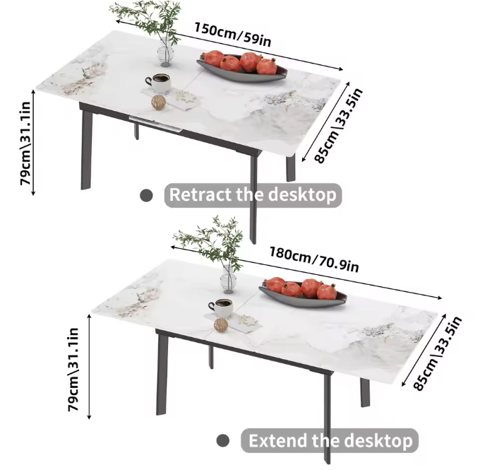 Uitschuifbare Eettafel 150–180 cm – Gesinterde Steen & Metaal
