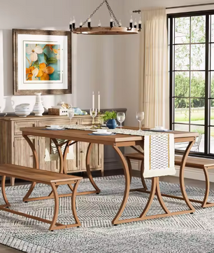 Eettafelset voor 4–6 Personen – Tafel met 2 Banken & Tafelloper