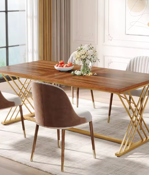 Industriële Eettafel 160 cm – Houtlook & Goudkleurig Frame