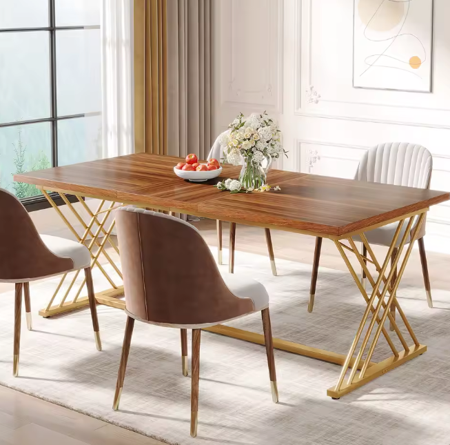 Industriële Eettafel 160 cm – Houtlook & Goudkleurig Frame