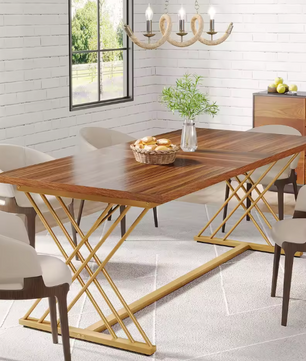 Industriële Eettafel 160 cm – Houtlook & Goudkleurig Frame