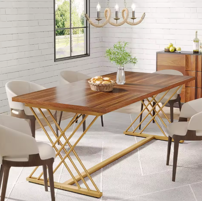 Industriële Eettafel 160 cm – Houtlook & Goudkleurig Frame