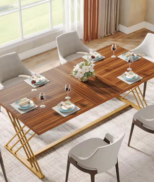 Industriële Eettafel 160 cm – Houtlook & Goudkleurig Frame