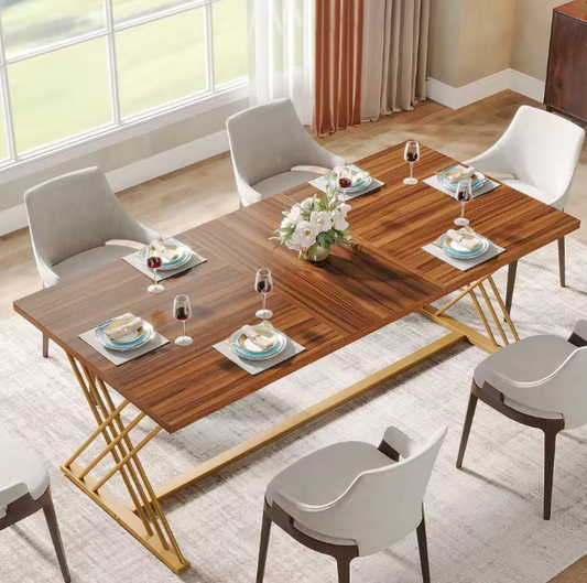 Industriële Eettafel 160 cm – Houtlook & Goudkleurig Frame