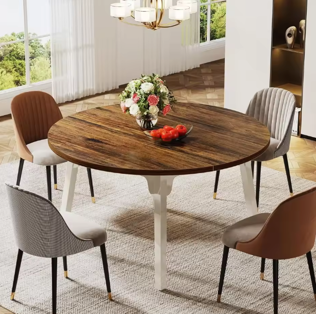 Ronde Eettafel 120 cm – Wit & Rustiek Bruin voor 4–6 Personen