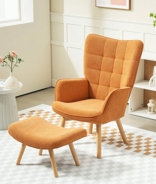 Loungestoel met Kruk – Comfortabele Relaxstoel met Beukenhouten Poten & Touwachtig Design, Inclusief Hocker