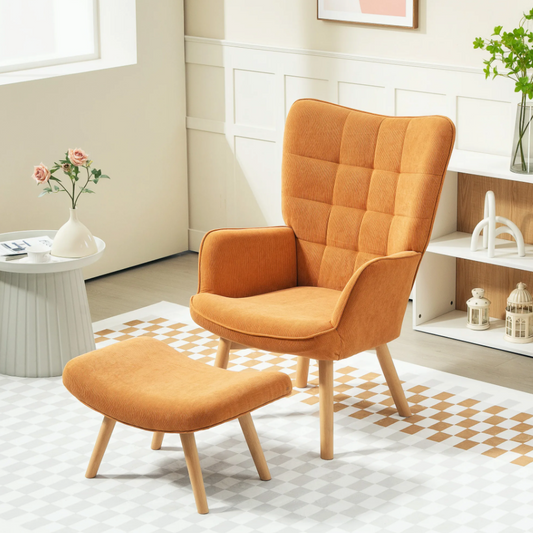 Loungestoel met Kruk – Comfortabele Relaxstoel met Beukenhouten Poten & Touwachtig Design, Inclusief Hocker