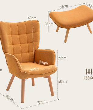 Loungestoel met Kruk – Comfortabele Relaxstoel met Beukenhouten Poten & Touwachtig Design, Inclusief Hocker