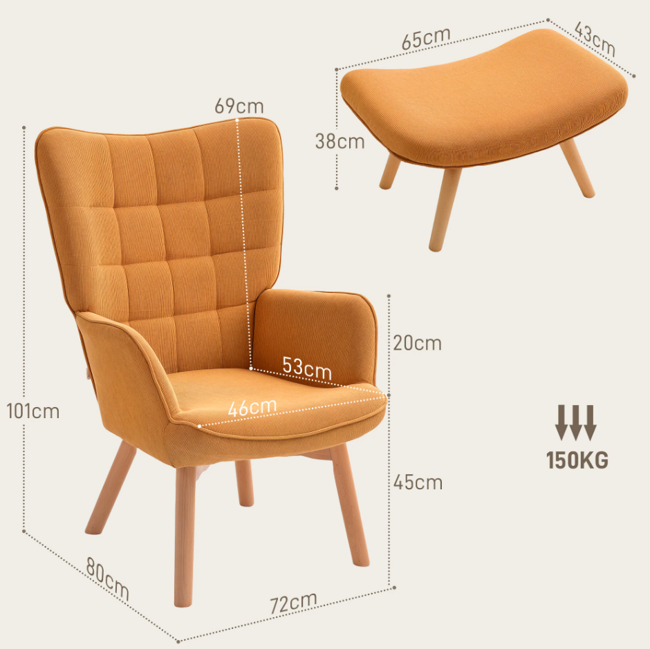 Loungestoel met Kruk – Comfortabele Relaxstoel met Beukenhouten Poten & Touwachtig Design, Inclusief Hocker