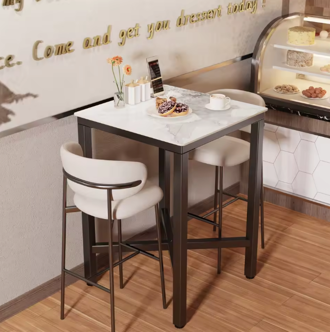 Luxe marmeren bartafel 70x70 cm – met metalen X-frame