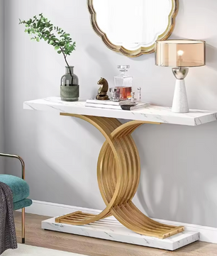 Gouden consoletafel met marmerlook blad en metalen frame