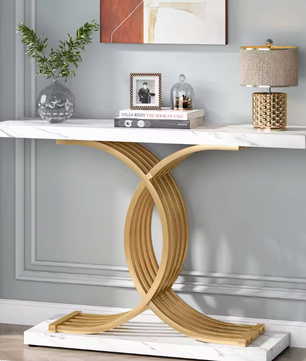 Gouden consoletafel met marmerlook blad en metalen frame