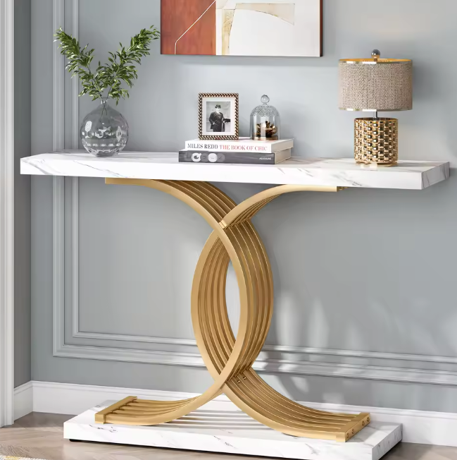 Gouden consoletafel met marmerlook blad en metalen frame