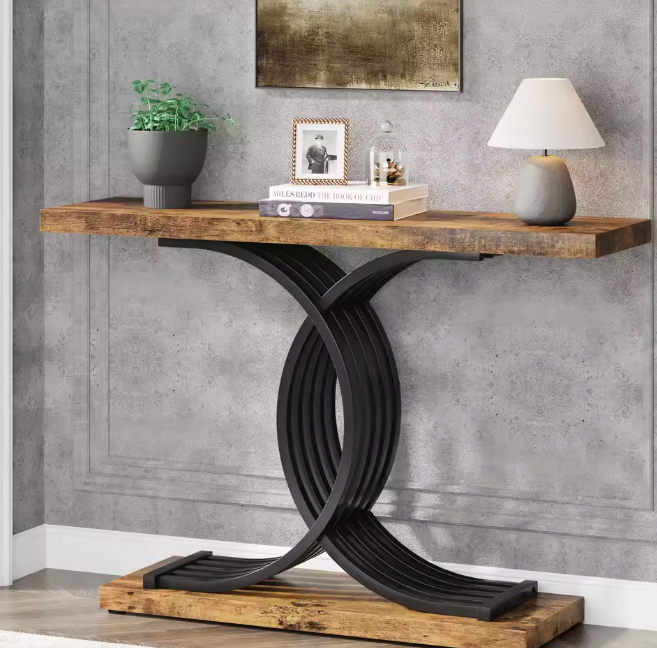 Gouden consoletafel met marmerlook blad en metalen frame