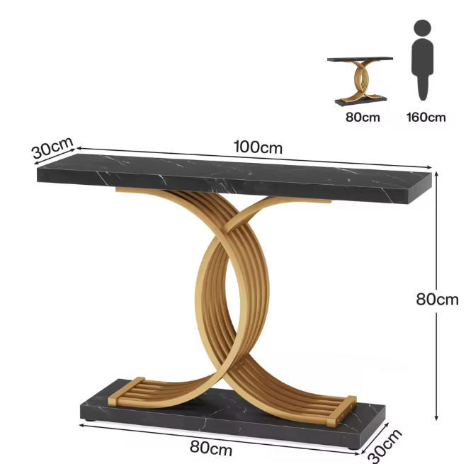 Zwarte Consoletafel met Gouden Frame – Kunstmarmer & Modern Design