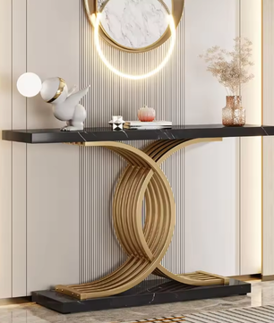 Zwarte Consoletafel met Gouden Frame – Kunstmarmer & Modern Design