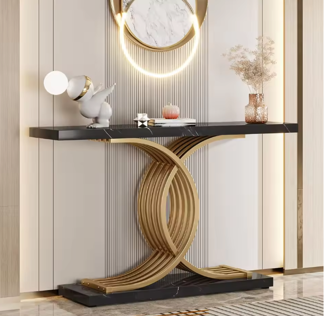 Zwarte Consoletafel met Gouden Frame – Kunstmarmer & Modern Design