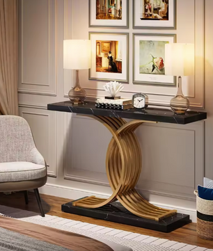 Zwarte Consoletafel met Gouden Frame – Kunstmarmer & Modern Design