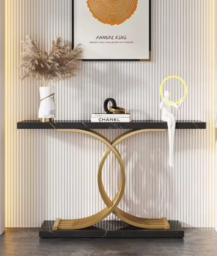 Zwarte Consoletafel met Gouden Frame – Kunstmarmer & Modern Design