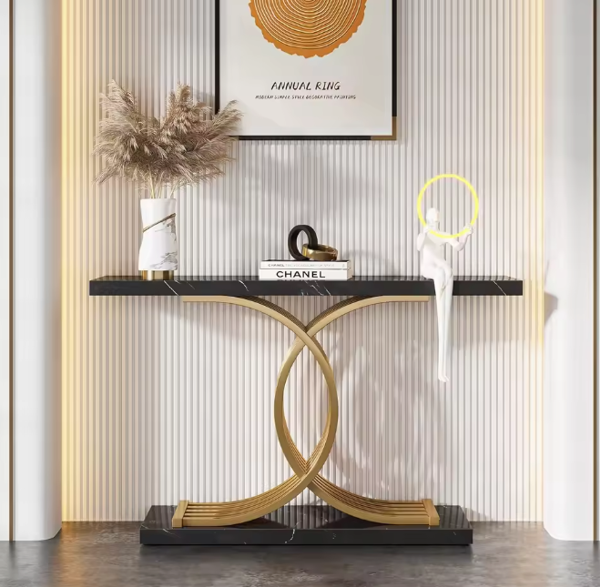 Zwarte Consoletafel met Gouden Frame – Kunstmarmer & Modern Design