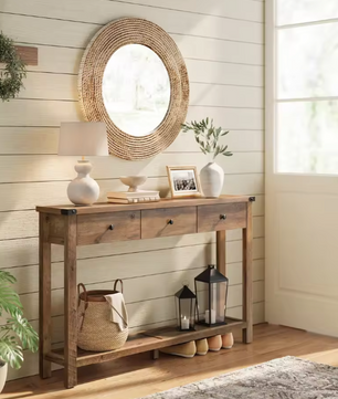 Landelijke Consoletafel met 3 Laden & Plank – Rustiek Houtdesign, 120×24×76 cm