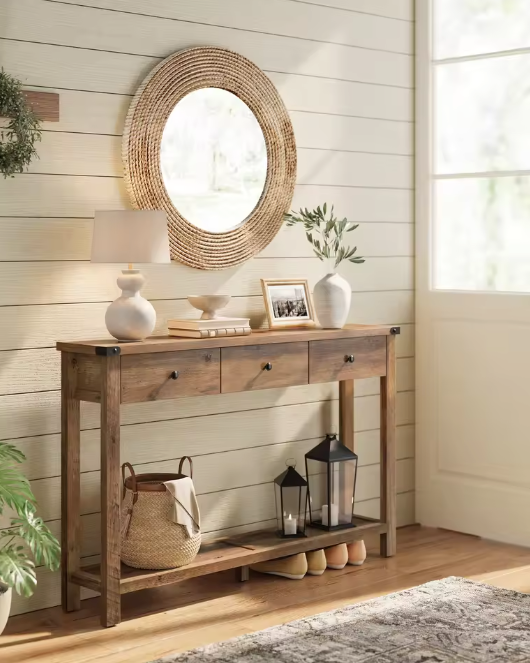 Landelijke Consoletafel met 3 Laden & Plank – Rustiek Houtdesign, 120×24×76 cm