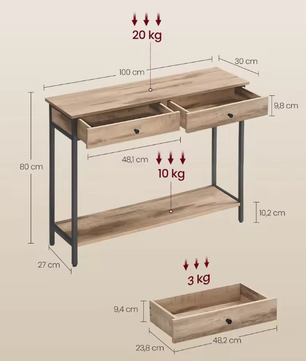 Industriële Consoletafel met 2 Laden – Metaal & Houtlook, 100×30×80 cm