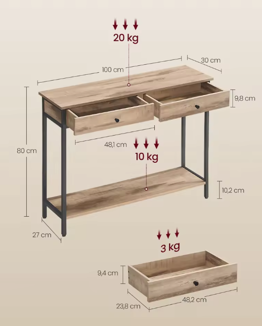 Industriële Consoletafel met 2 Laden – Metaal & Houtlook, 100×30×80 cm