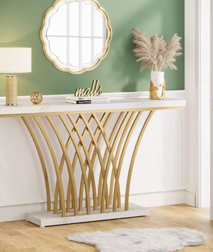 Gouden Consoletafel met Rasterframe – Marmerlook, 150 cm