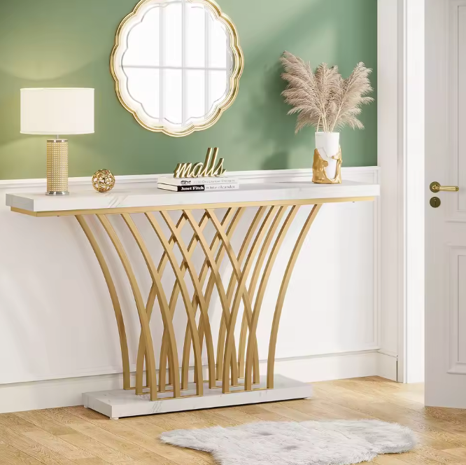 Gouden Consoletafel met Rasterframe – Marmerlook, 150 cm
