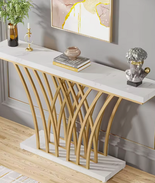 Gouden Consoletafel met Rasterframe – Marmerlook, 150 cm