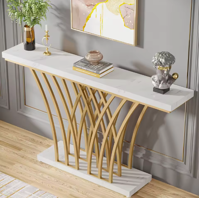 Gouden Consoletafel met Rasterframe – Marmerlook, 150 cm