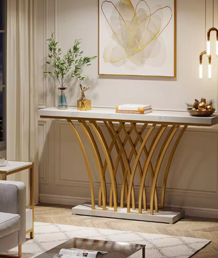 Gouden Consoletafel met Rasterframe – Marmerlook, 150 cm