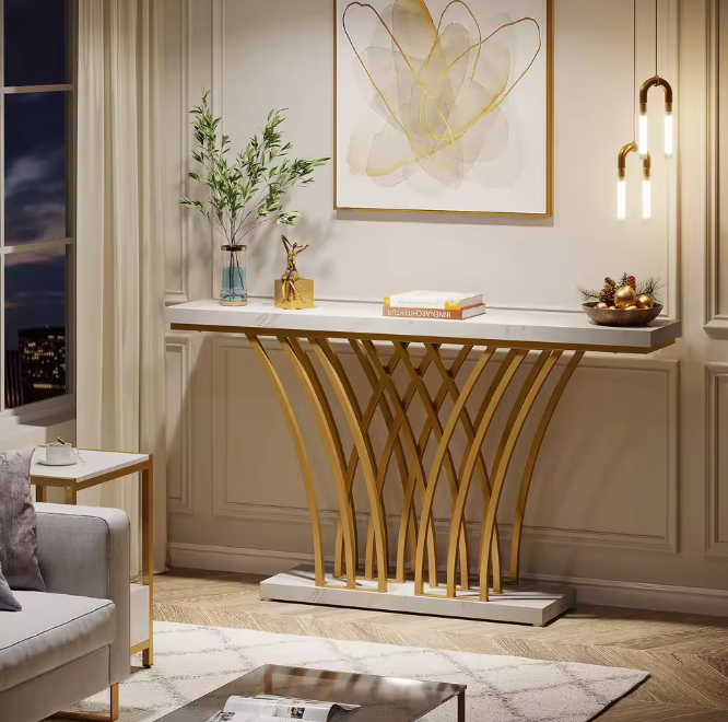 Gouden Consoletafel met Rasterframe – Marmerlook, 150 cm