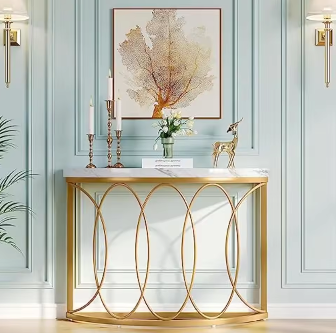 Halfronde Gouden Consoletafel – Marmerlook & Metaal, 110cm
