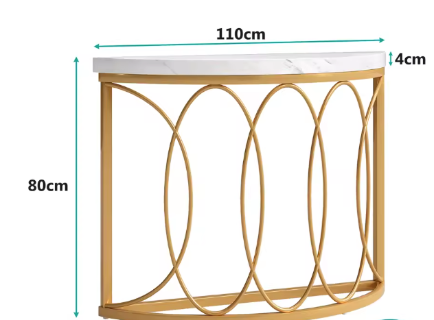 Halfronde Gouden Consoletafel – Marmerlook & Metaal, 110cm