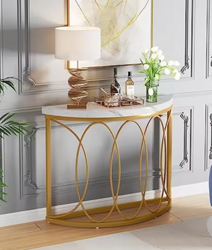 Halfronde Gouden Consoletafel – Marmerlook & Metaal, 110cm
