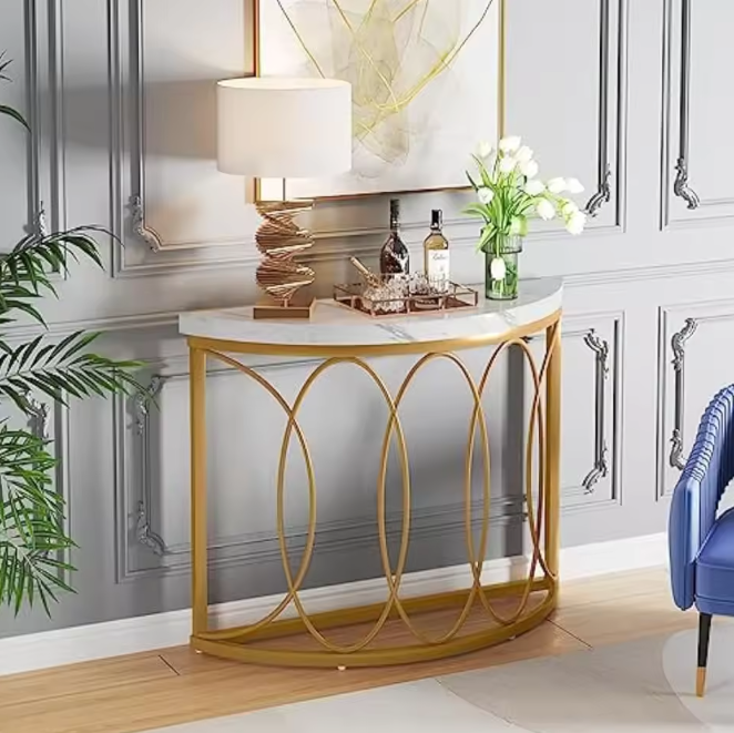 Halfronde Gouden Consoletafel – Marmerlook & Metaal, 110cm