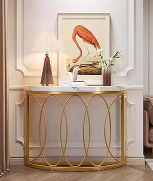 Halfronde Gouden Consoletafel – Marmerlook & Metaal, 110cm