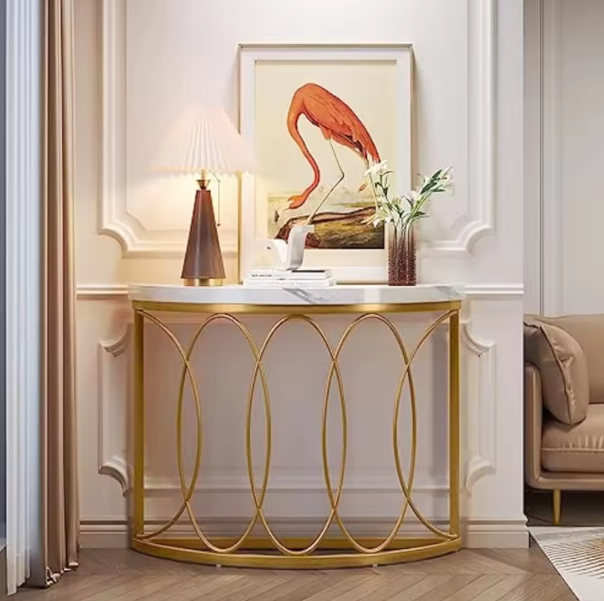 Halfronde Gouden Consoletafel – Marmerlook & Metaal, 110cm