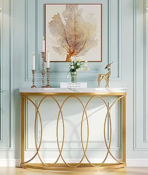 Halfronde Gouden Consoletafel – Marmerlook & Metaal, 110cm