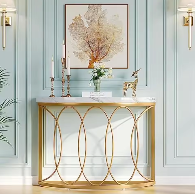 Halfronde Gouden Consoletafel – Marmerlook & Metaal, 110cm