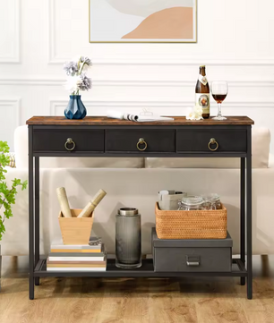 Landelijke Consoletafel Zwart en Vintage Bruin Hout – met 2 Laden en Planken – Industrieel Design, 100×25×80 cm