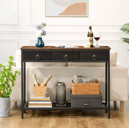 Consoletafel met 2 Laden en Planken – Industrieel & Smal, 100×25×80 cm