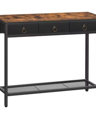 Landelijke Consoletafel Zwart en Vintage Bruin Hout – met 2 Laden en Planken – Industrieel Design, 100×25×80 cm